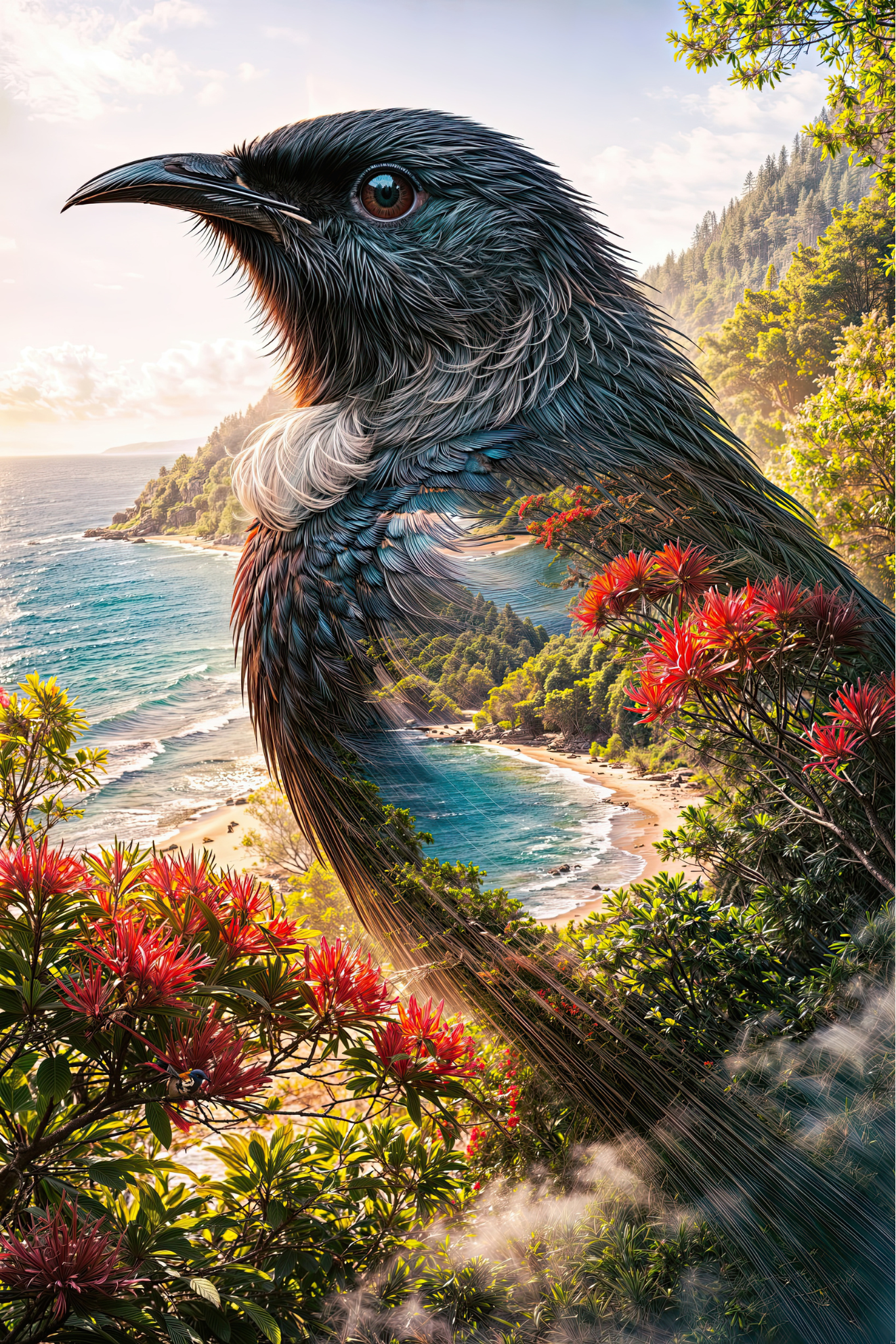 Summertime Tūī – Pohutukawa & Coastal Nature CANVAS Print | Callum x CRE-eight
