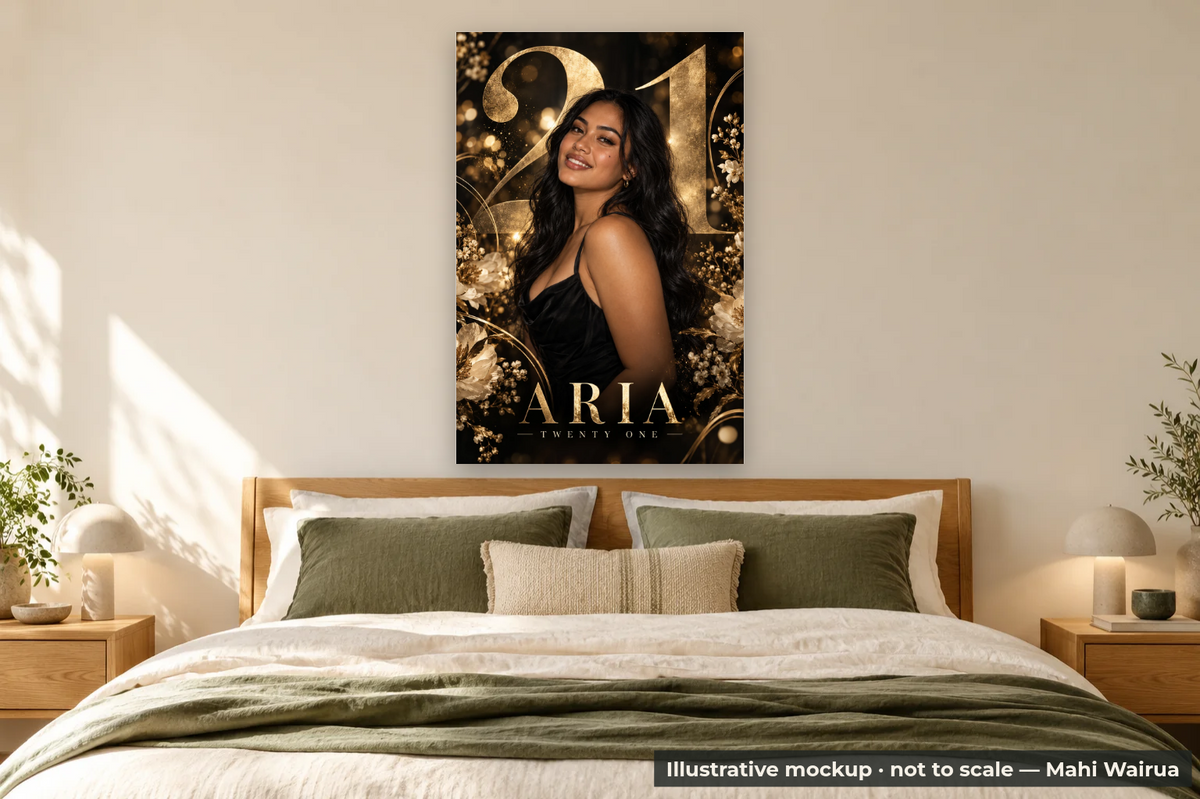 Personalised Birthday & 21st Metal Photo Print — bedroom scene, illustrative mockup, not to scale, example personalised artwork