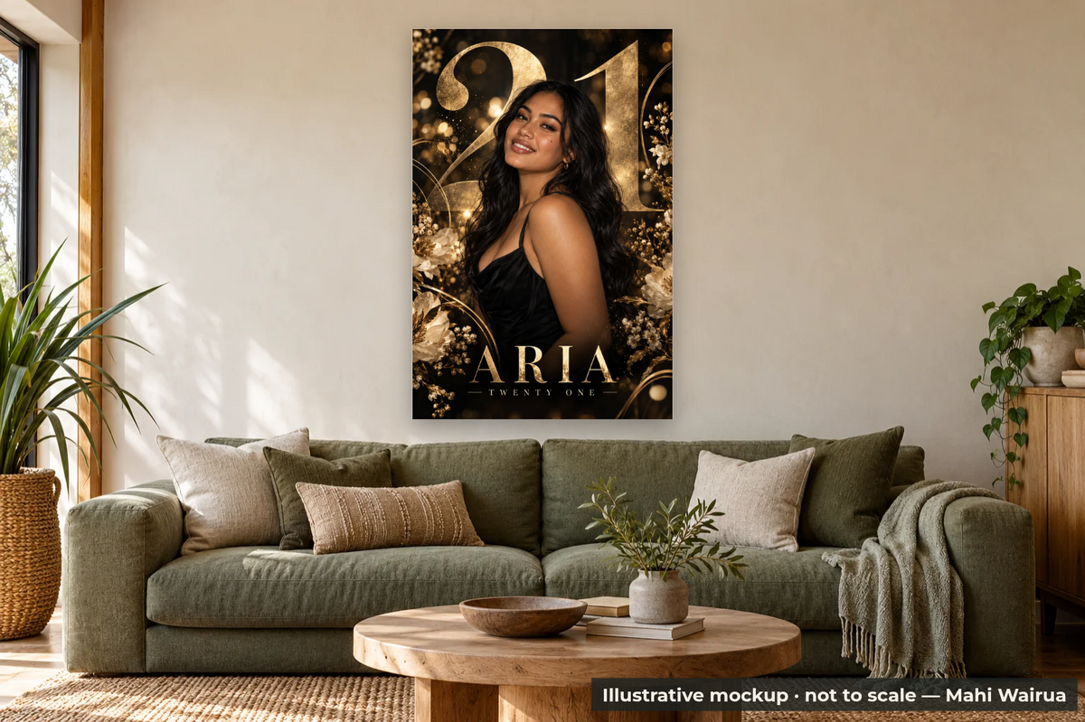 Personalised Birthday & 21st Metal Photo Print — lounge scene, illustrative mockup, not to scale, example personalised artwork