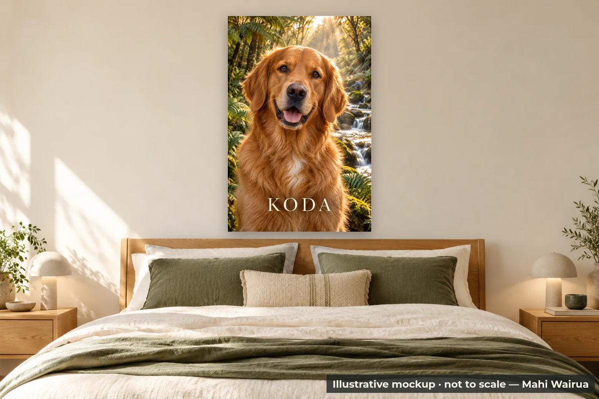Personalised Pet Portrait & Memorial Metal Print — bedroom scene, illustrative mockup, not to scale, example personalised artwork