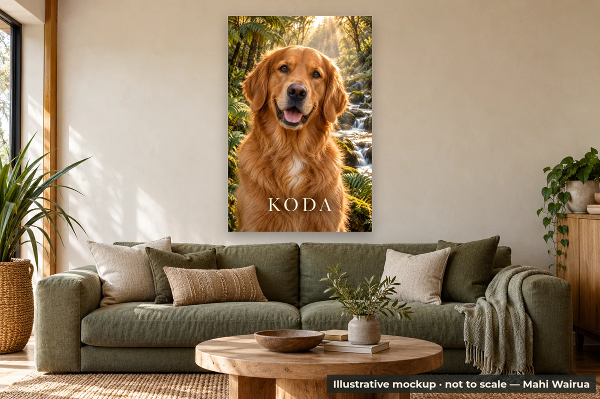 Personalised Pet Portrait & Memorial Metal Print — lounge scene, illustrative mockup, not to scale, example personalised artwork