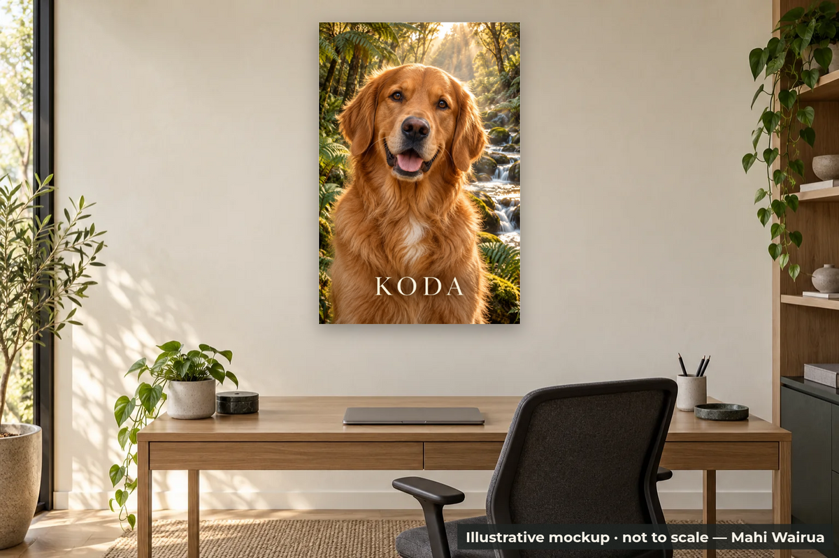 Personalised Pet Portrait & Memorial Metal Print — office scene, illustrative mockup, not to scale, example personalised artwork
