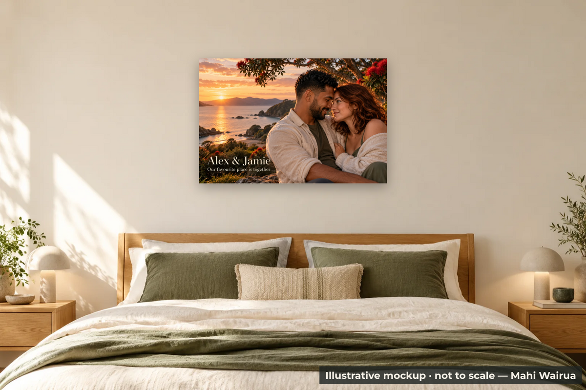 Personalised Couple Metal Print — bedroom scene, illustrative mockup, not to scale, example personalised artwork