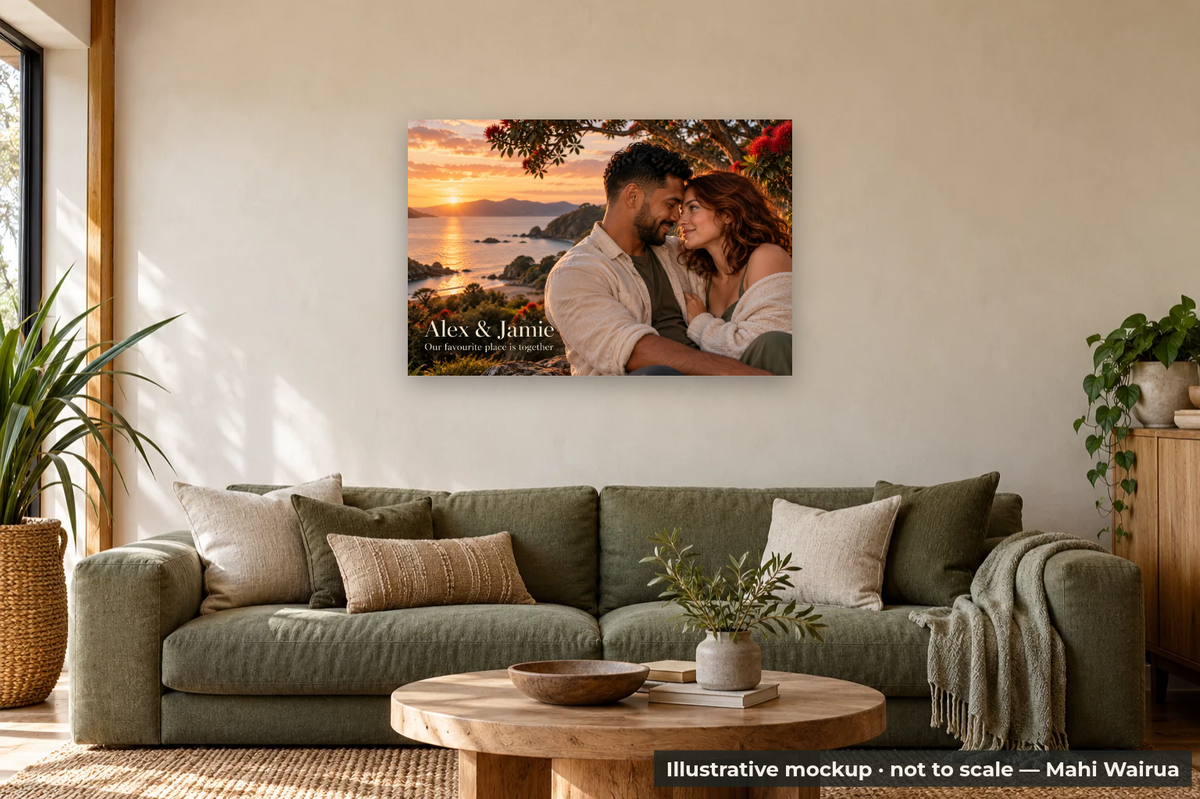 Personalised Couple Metal Print — lounge scene, illustrative mockup, not to scale, example personalised artwork