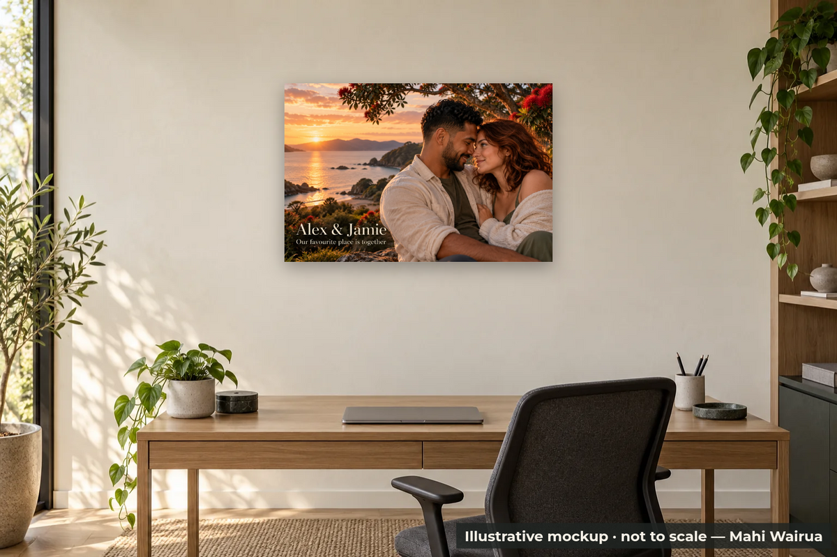 Personalised Couple Metal Print — office scene, illustrative mockup, not to scale, example personalised artwork
