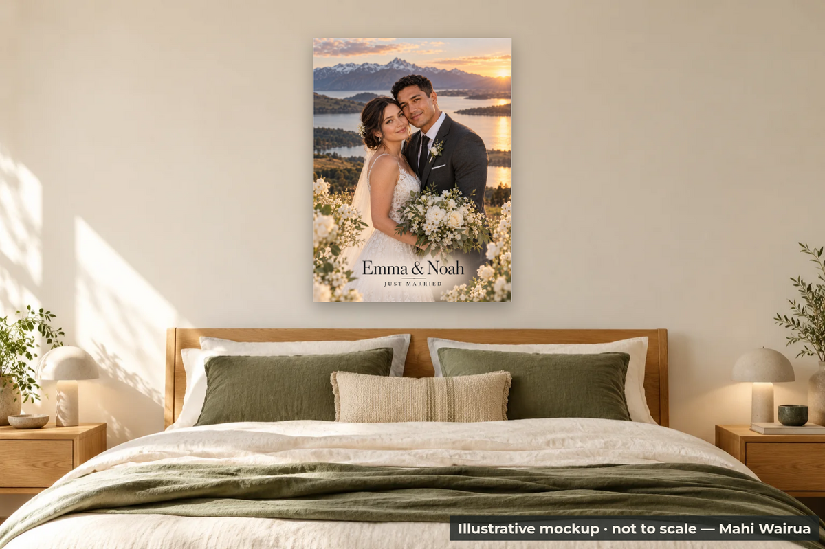 Personalised Wedding Photo Metal Print — bedroom scene, illustrative mockup, not to scale, example personalised artwork