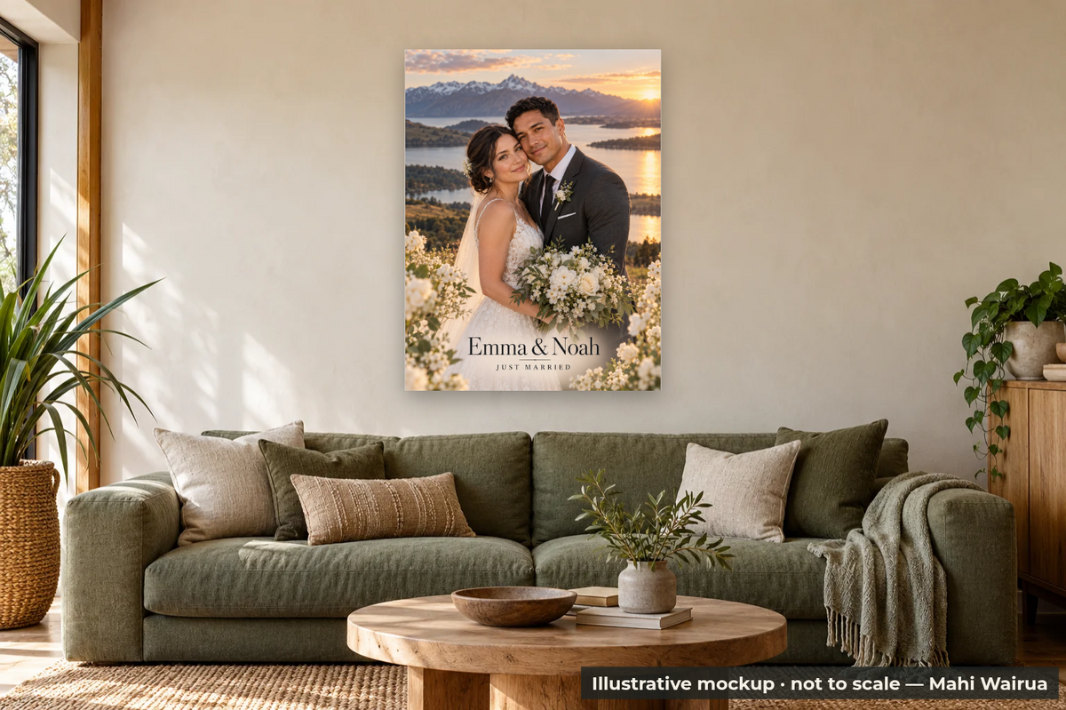 Personalised Wedding Photo Metal Print — lounge scene, illustrative mockup, not to scale, example personalised artwork