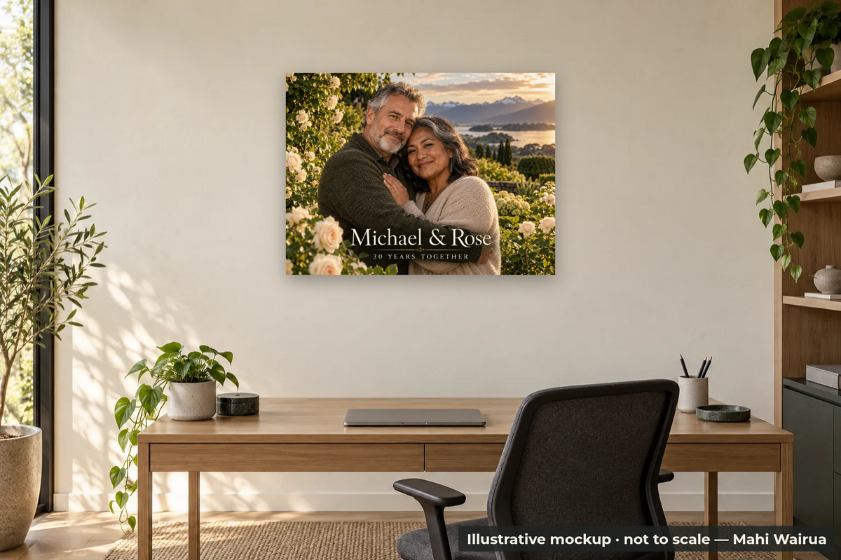 Personalised Anniversary Photo Metal Print — office scene, illustrative mockup, not to scale, example personalised artwork