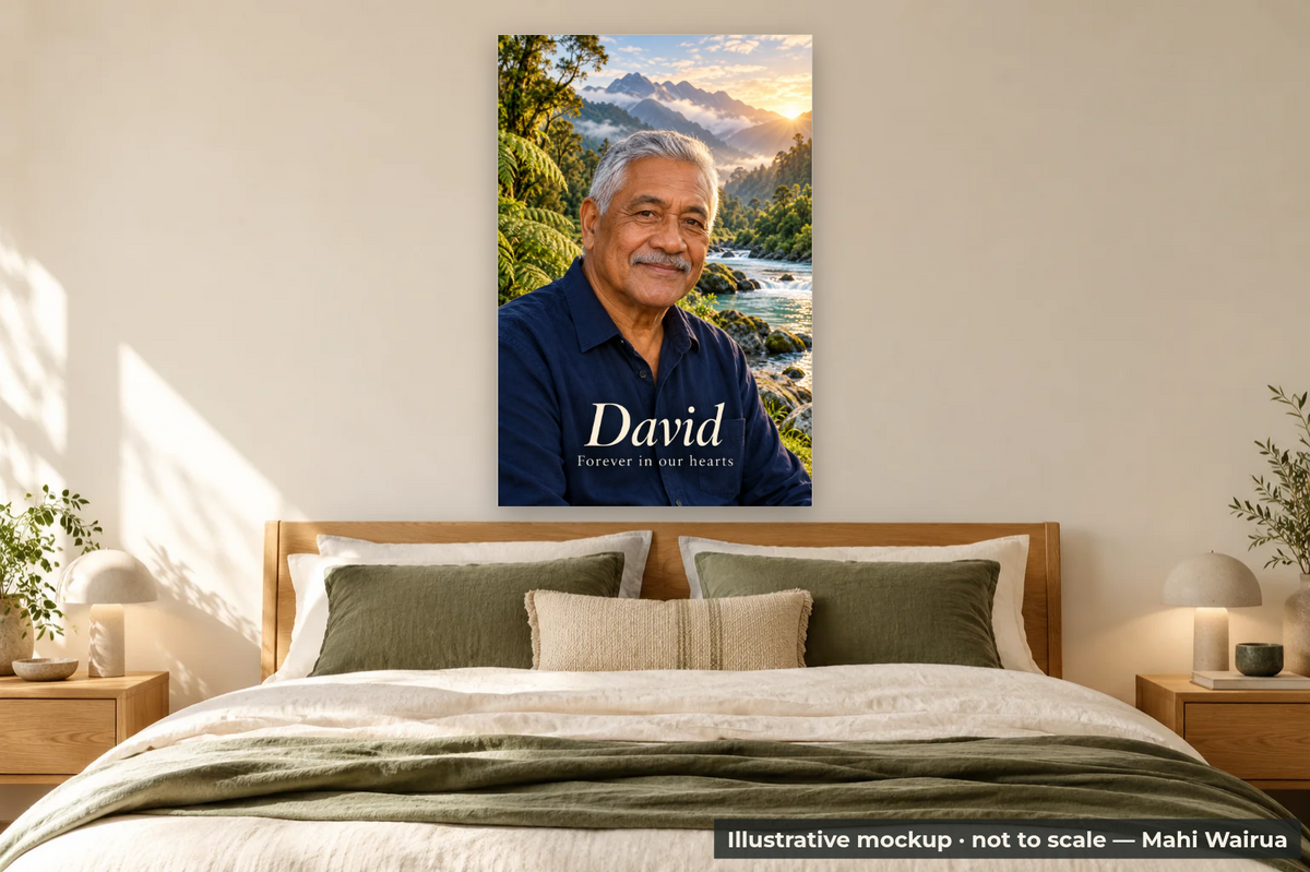 Personalised Memorial Photo Metal Print — bedroom scene, illustrative mockup, not to scale, example personalised artwork