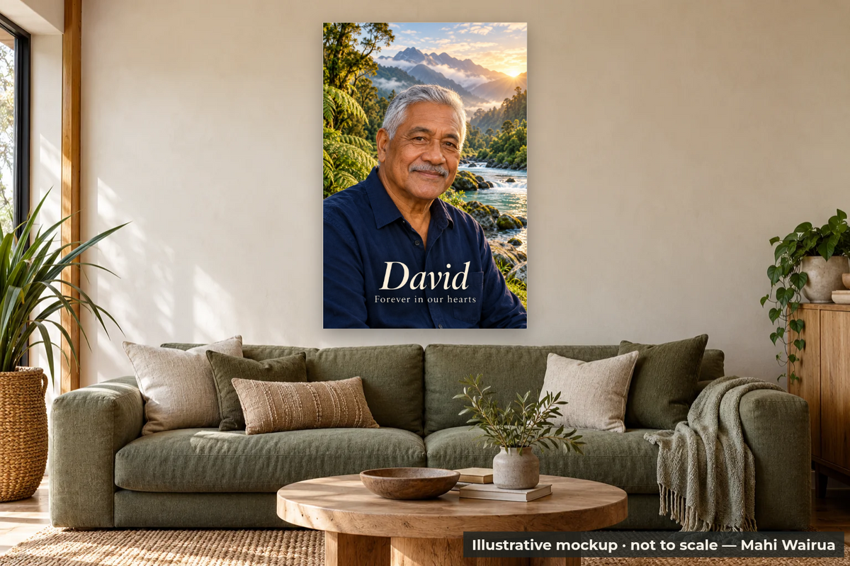 Personalised Memorial Photo Metal Print — lounge scene, illustrative mockup, not to scale, example personalised artwork