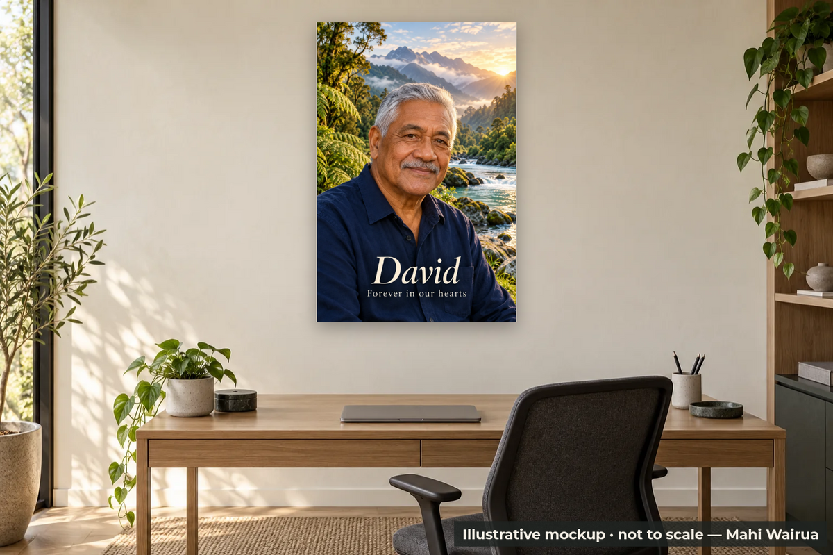Personalised Memorial Photo Metal Print — office scene, illustrative mockup, not to scale, example personalised artwork