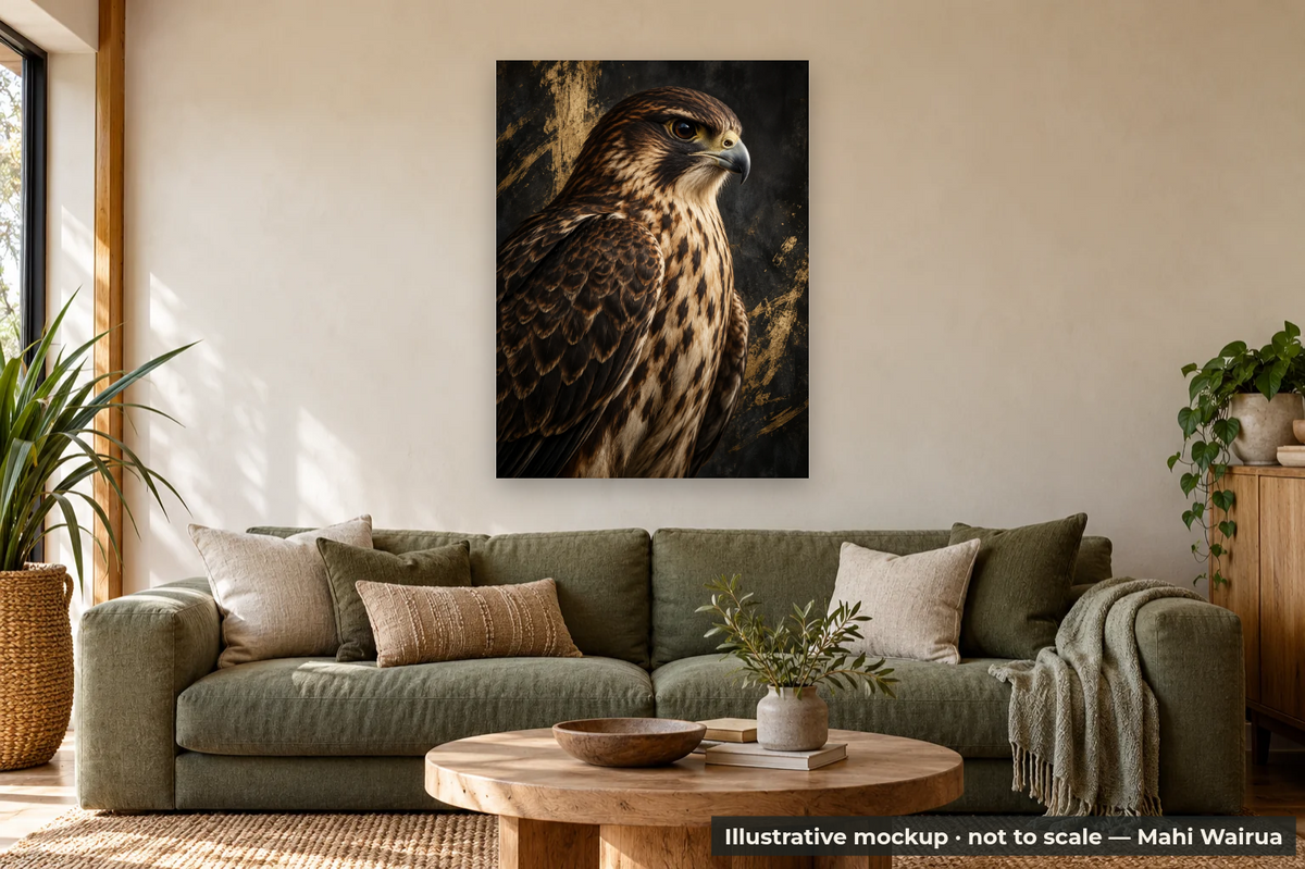 Quiet Strength — Kārearea Metal Print — lounge scene, illustrative mockup, not to scale