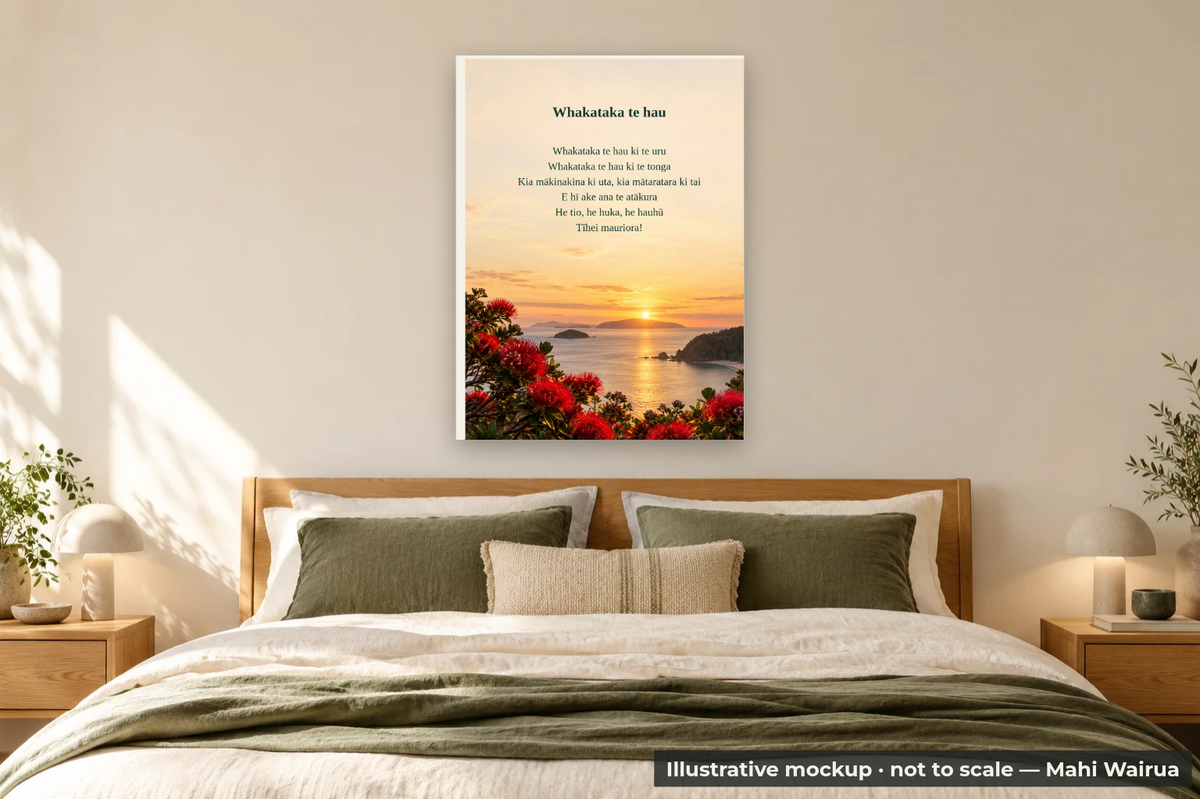 Personalised Karakia Metal Print — Six Backgrounds — bedroom scene, illustrative mockup, not to scale, example personalised artwork
