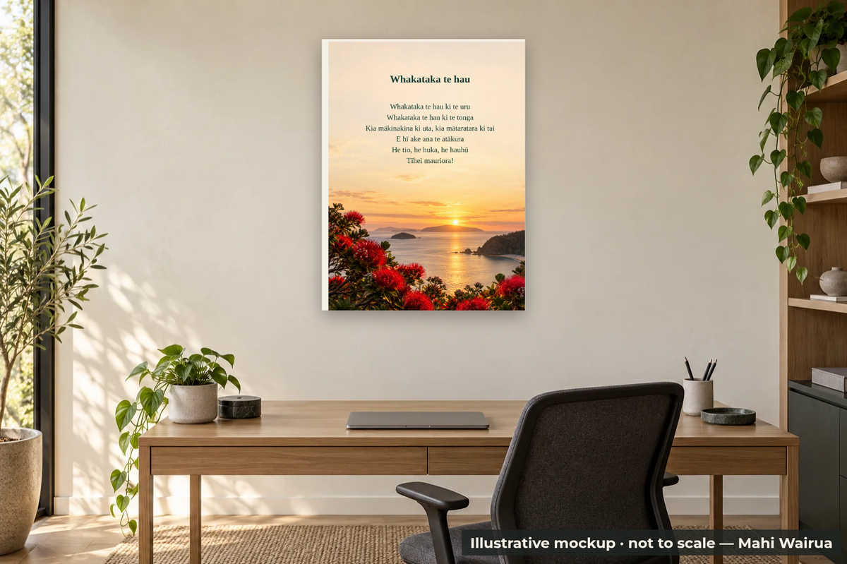Personalised Karakia Metal Print — Six Backgrounds — office scene, illustrative mockup, not to scale, example personalised artwork