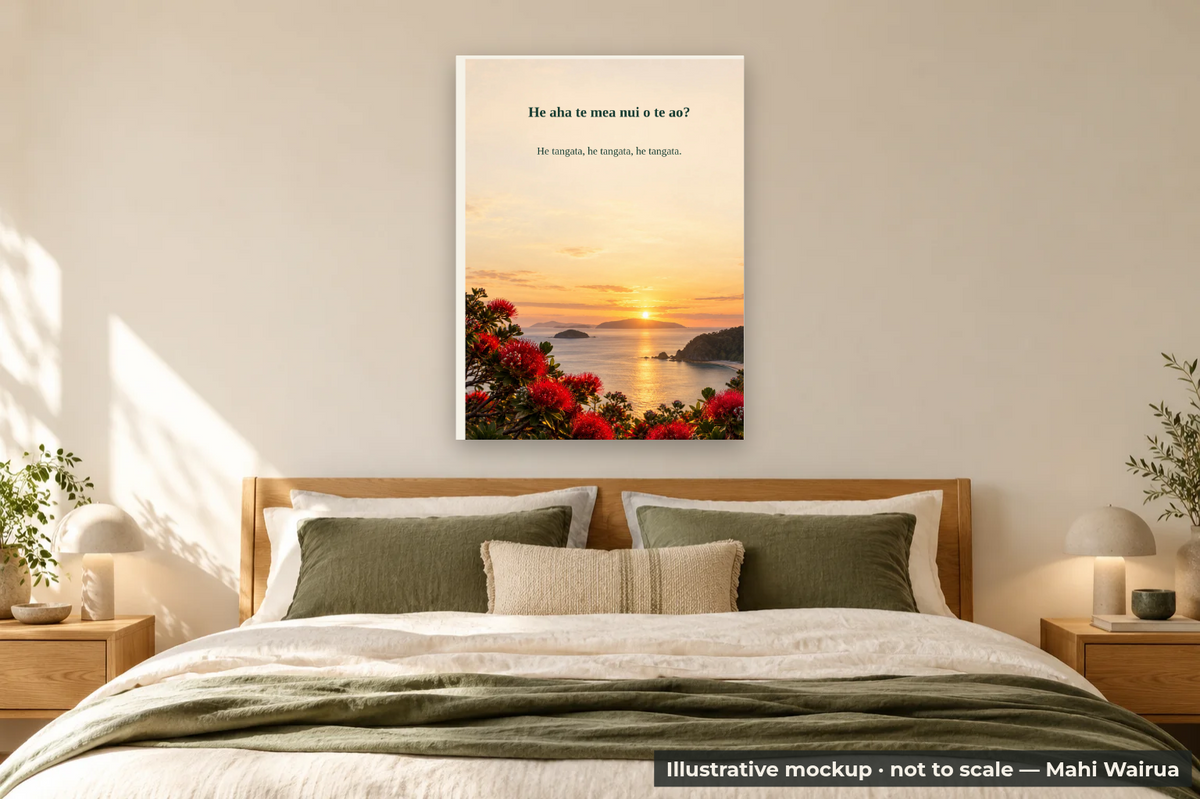 Personalised Whakataukī Metal Print — Six Backgrounds — bedroom scene, illustrative mockup, not to scale, example personalised artwork