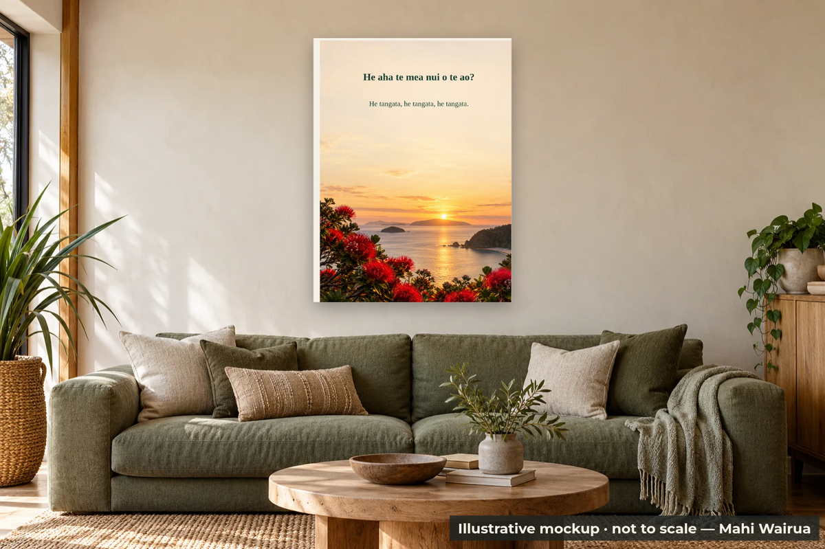 Personalised Whakataukī Metal Print — Six Backgrounds — lounge scene, illustrative mockup, not to scale, example personalised artwork