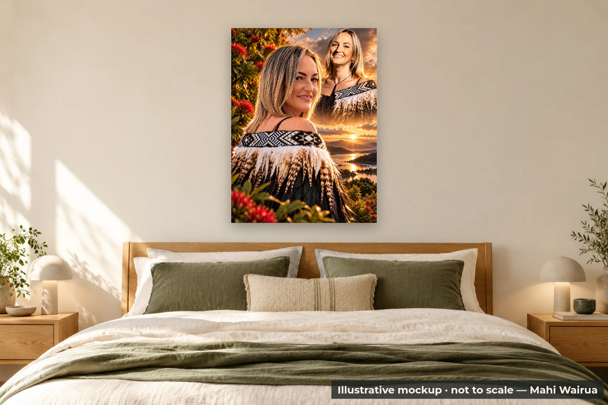 Personalised Portrait & Whānau Metal Print — bedroom scene, illustrative mockup, not to scale, example personalised artwork
