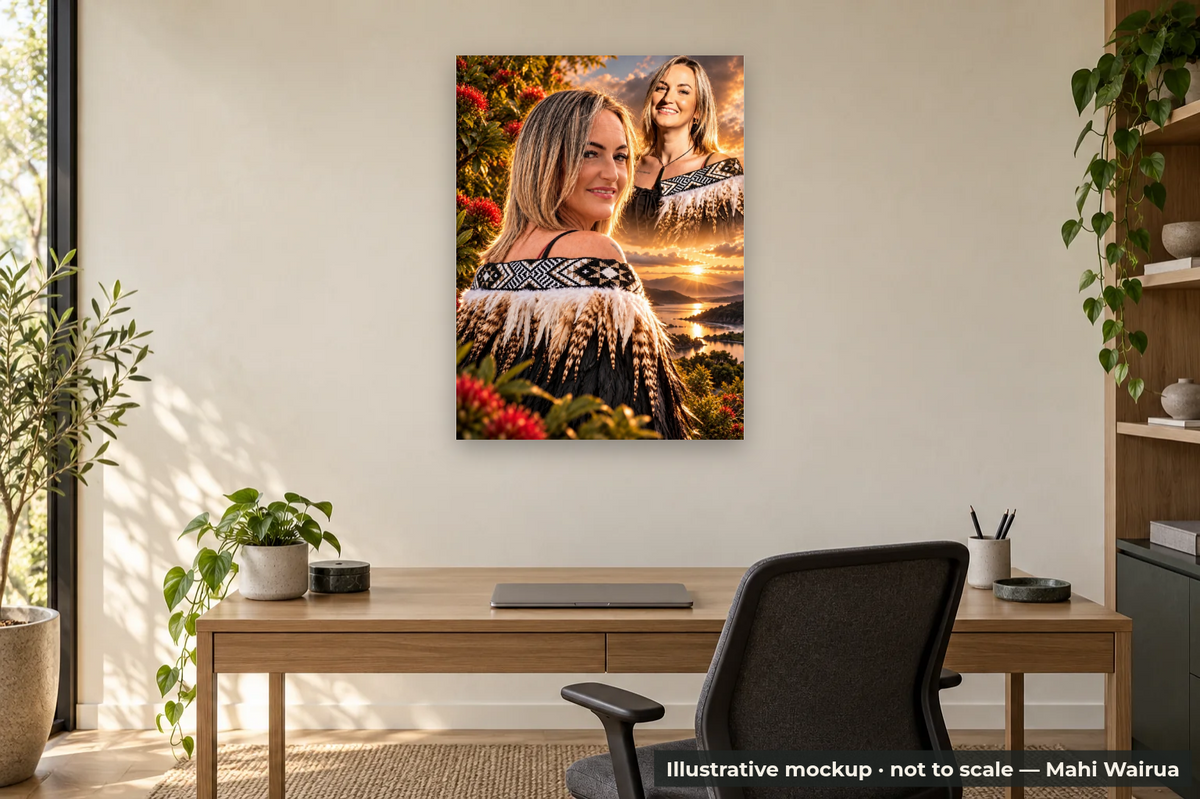 Personalised Portrait & Whānau Metal Print — office scene, illustrative mockup, not to scale, example personalised artwork