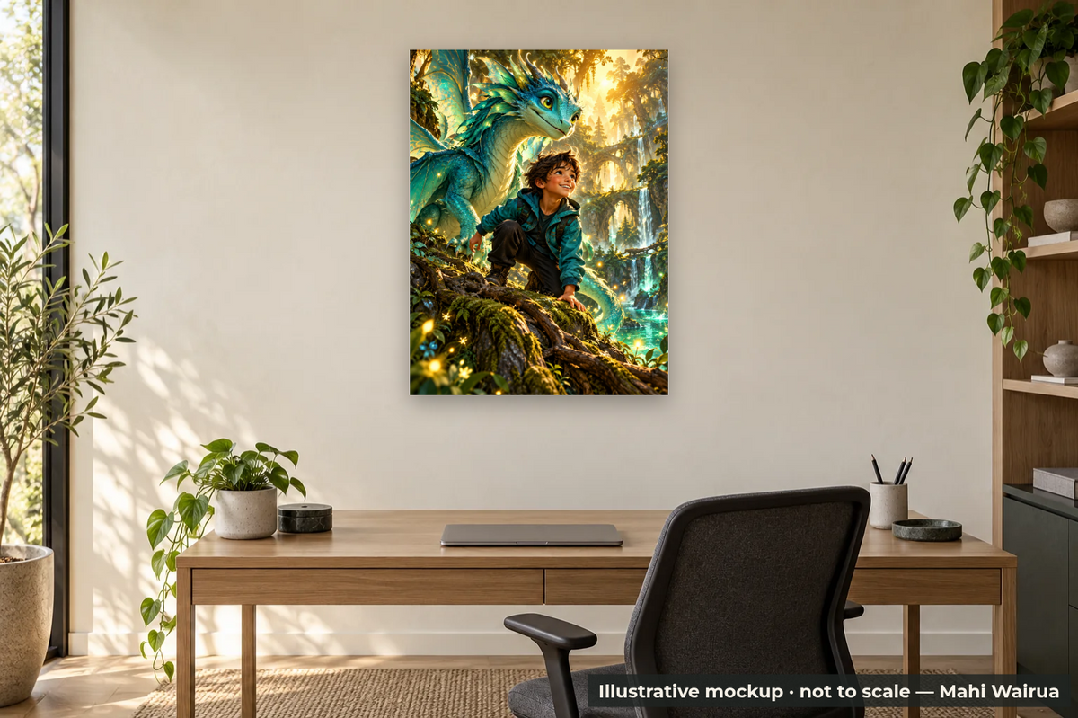 Personalised Kids’ Fantasy Adventure Metal Print — office scene, illustrative mockup, not to scale, example personalised artwork