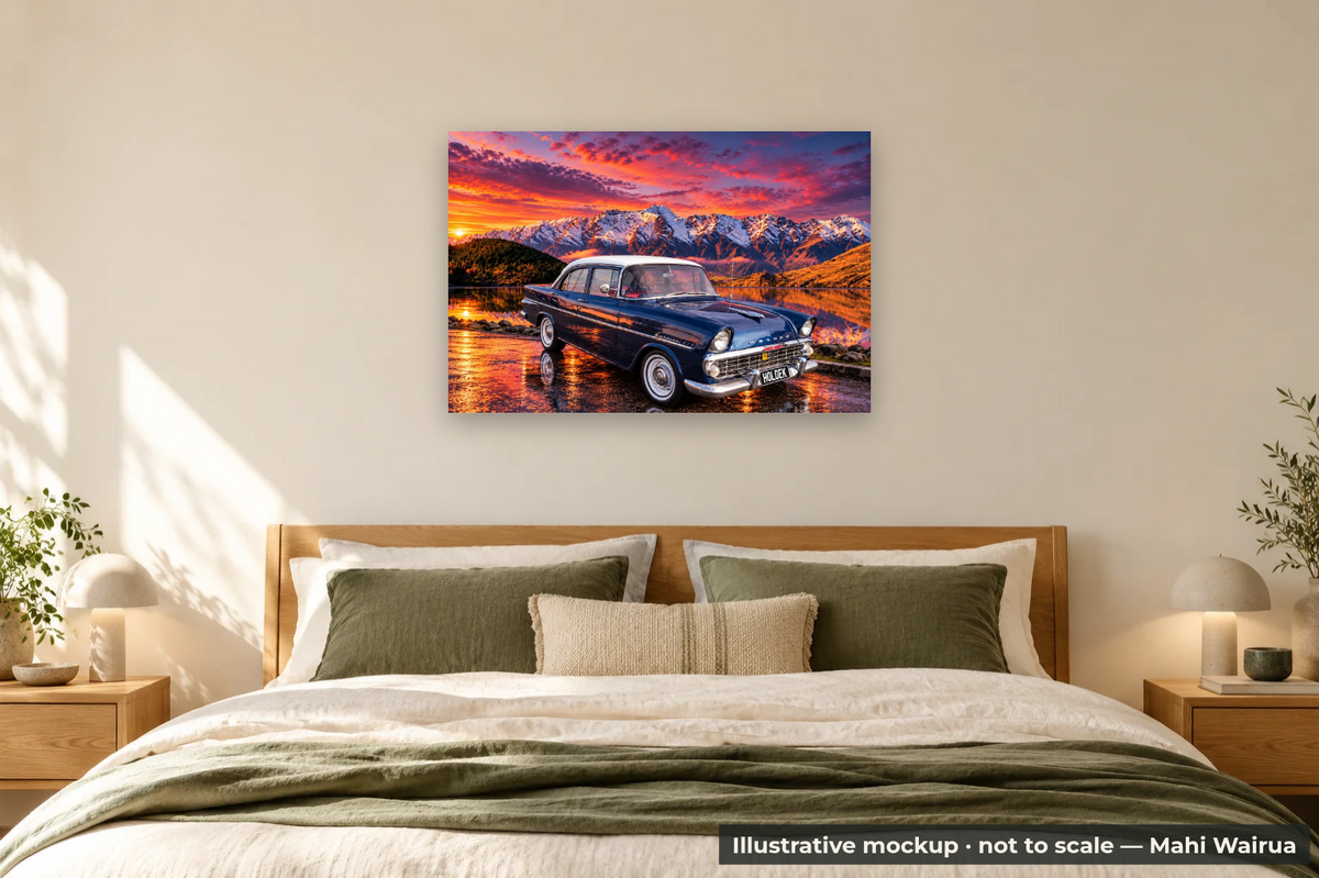 Personalised Vehicle & Passion Metal Print — bedroom scene, illustrative mockup, not to scale, example personalised artwork