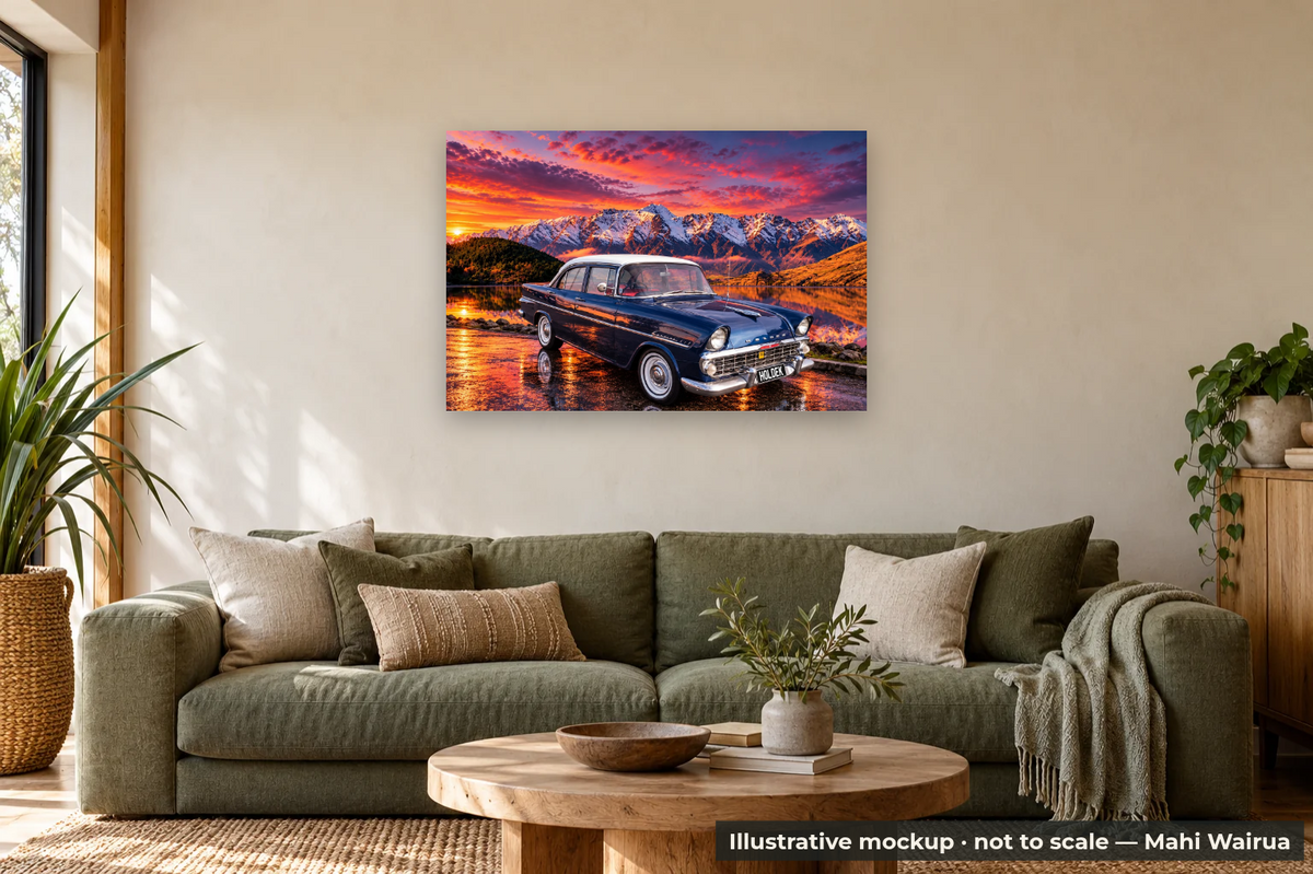 Personalised Vehicle & Passion Metal Print — lounge scene, illustrative mockup, not to scale, example personalised artwork