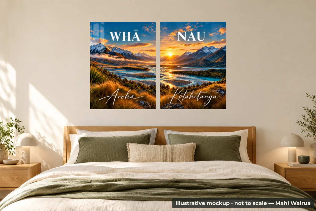 Whānau Two-Panel Metal Wall Art — bedroom scene, illustrative mockup, not to scale, example personalised artwork