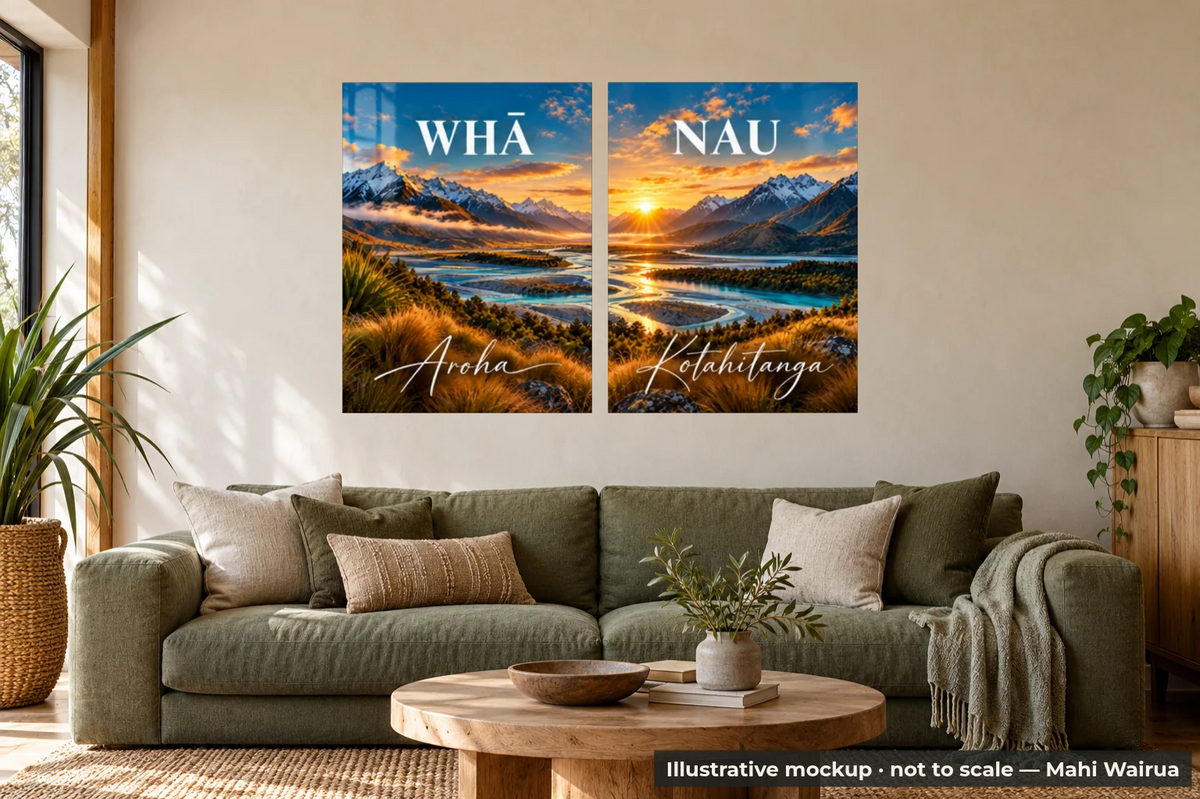 Whānau Two-Panel Metal Wall Art — lounge scene, illustrative mockup, not to scale, example personalised artwork