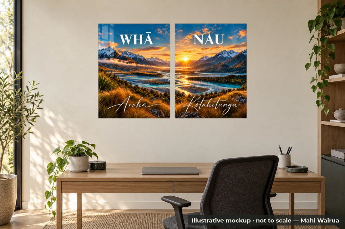 Whānau Two-Panel Metal Wall Art — office scene, illustrative mockup, not to scale, example personalised artwork