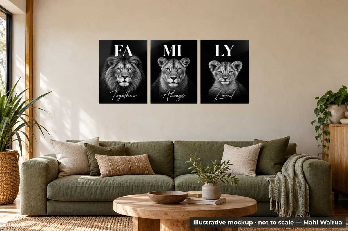 Family Three-Panel Metal Wall Art — lounge scene, illustrative mockup, not to scale