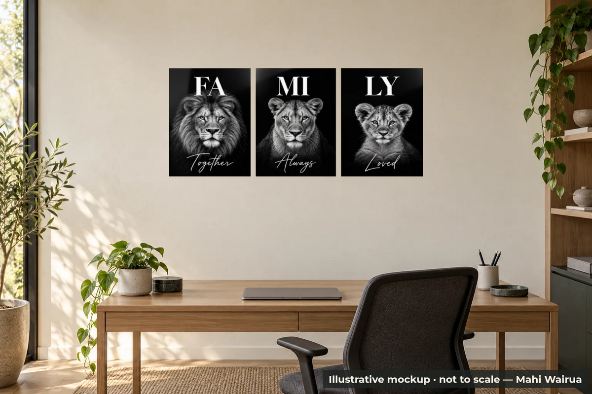 Family Three-Panel Metal Wall Art — office scene, illustrative mockup, not to scale