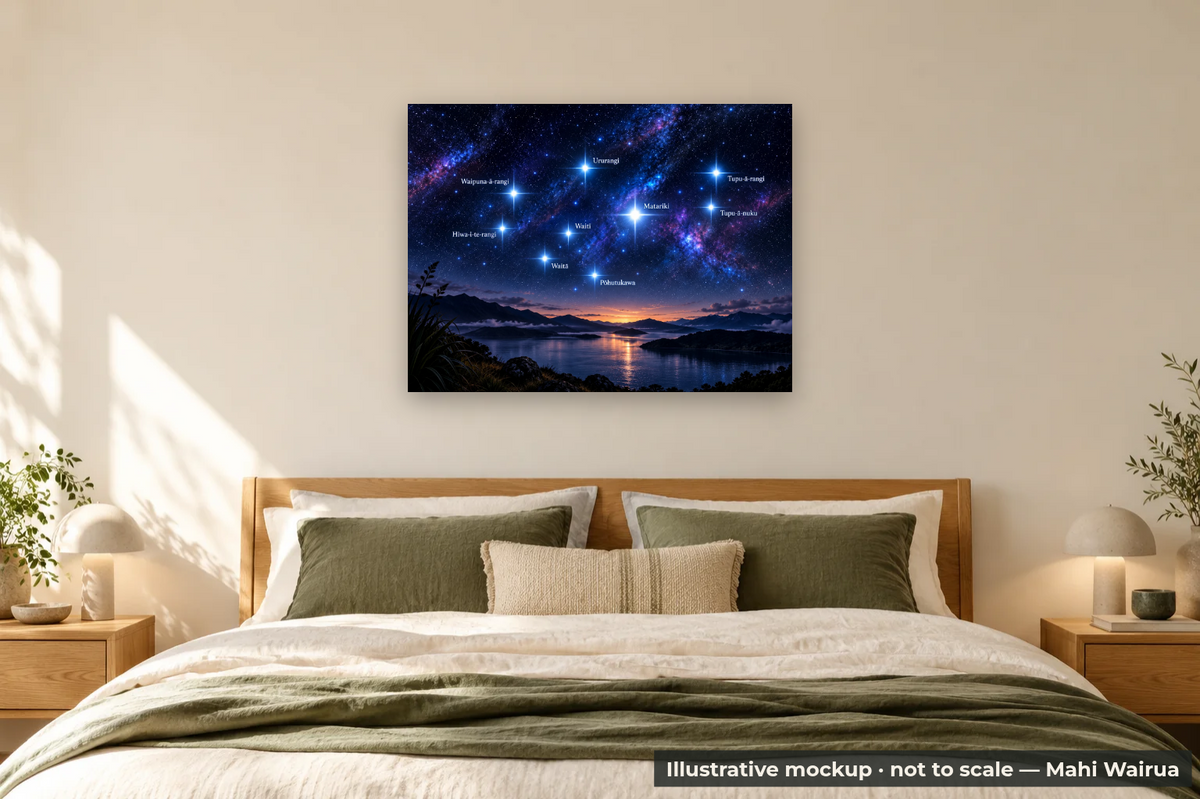 Matariki Night Sky Metal Print — bedroom scene, illustrative mockup, not to scale