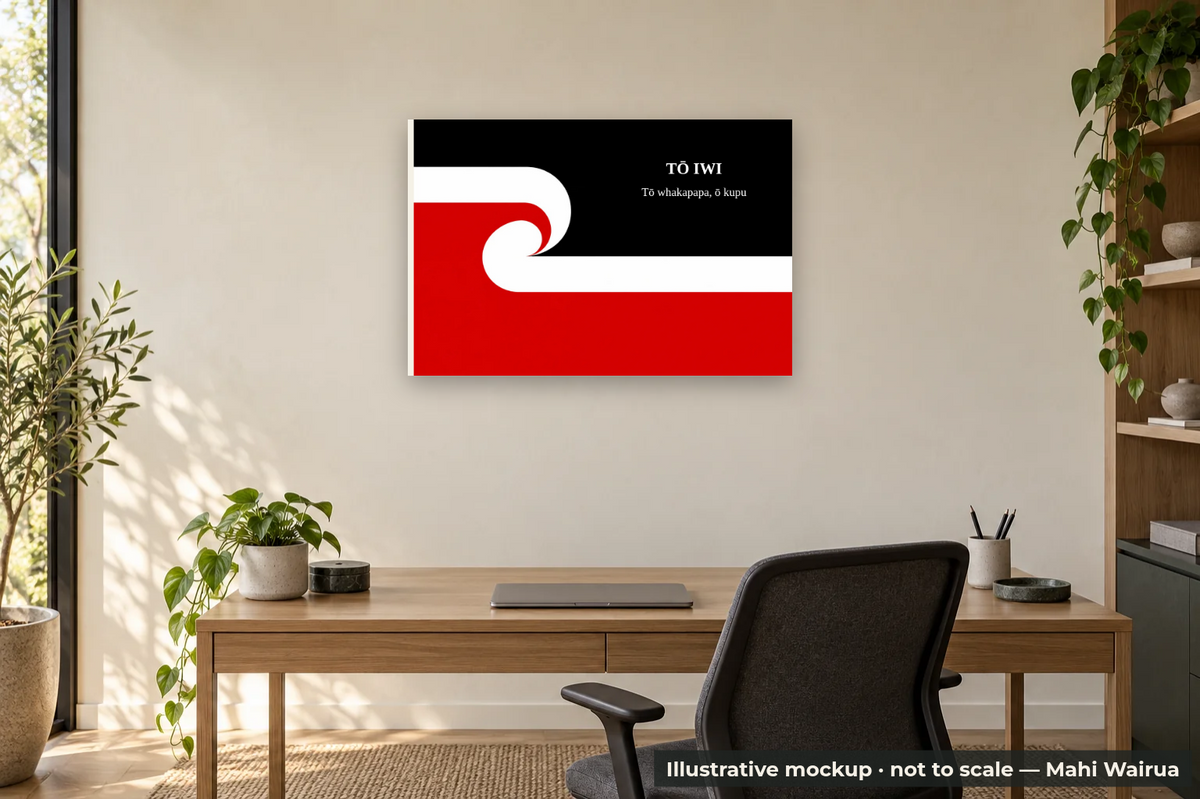 Personalised Tino Rangatiratanga Flag Metal Print — office scene, illustrative mockup, not to scale, example personalised artwork