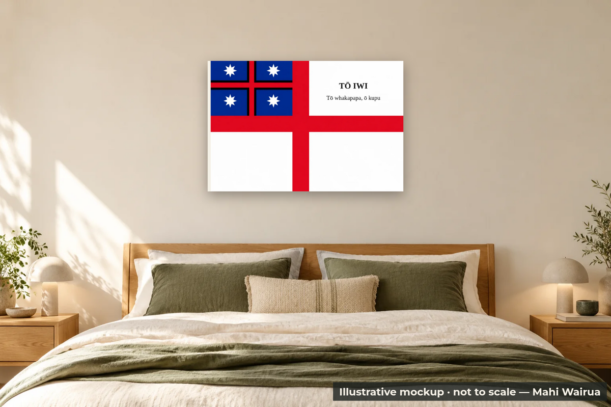 Personalised He Whakaputanga Flag Metal Print — bedroom scene, illustrative mockup, not to scale, example personalised artwork