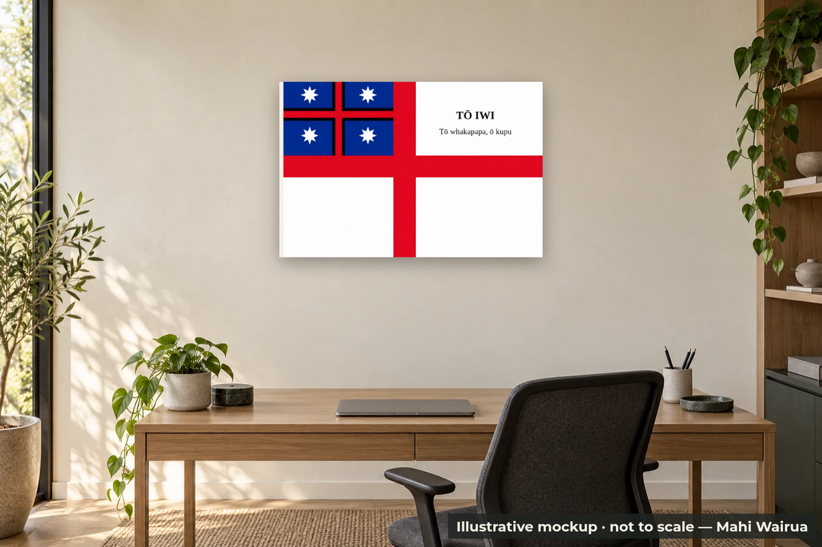 Personalised He Whakaputanga Flag Metal Print — office scene, illustrative mockup, not to scale, example personalised artwork