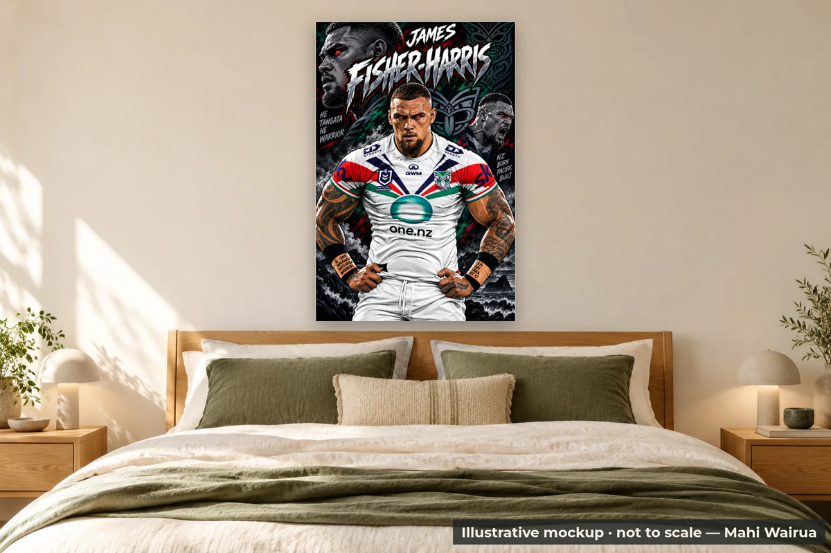 James Fisher-Harris | Raised UV Metal Wall Art (MADE TO ORDER) — bedroom scene, illustrative mockup, not to scale
