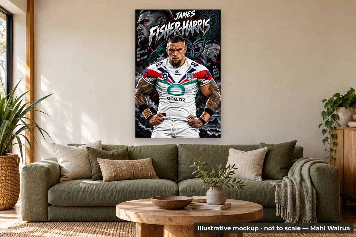 James Fisher-Harris | Raised UV Metal Wall Art (MADE TO ORDER) — lounge scene, illustrative mockup, not to scale