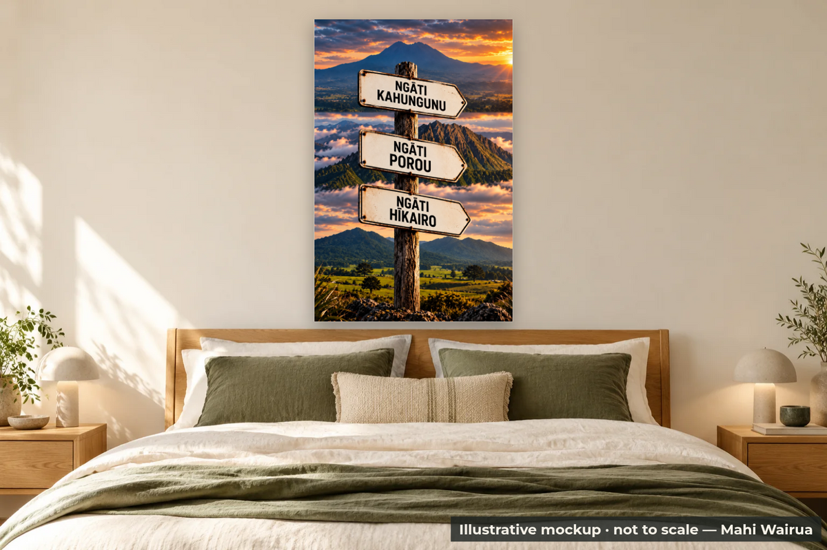 Tōku Whenua | Personalised Whakapapa Wall Art | Mahi Wairua — bedroom scene, illustrative mockup, not to scale, example personalised artwork