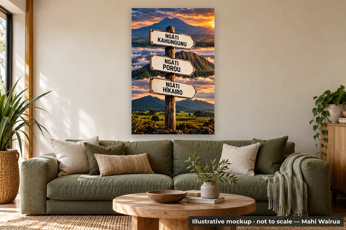 Tōku Whenua | Personalised Whakapapa Wall Art | Mahi Wairua — lounge scene, illustrative mockup, not to scale, example personalised artwork