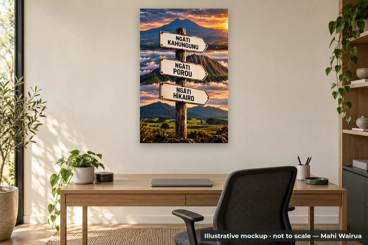 Tōku Whenua | Personalised Whakapapa Wall Art | Mahi Wairua — office scene, illustrative mockup, not to scale, example personalised artwork