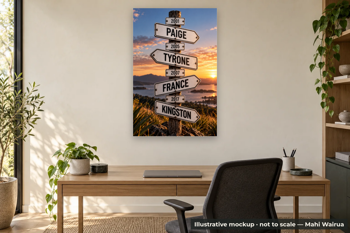 Personalised Whānau Wall Art | Mahi Wairua NZ — office scene, illustrative mockup, not to scale, example personalised artwork