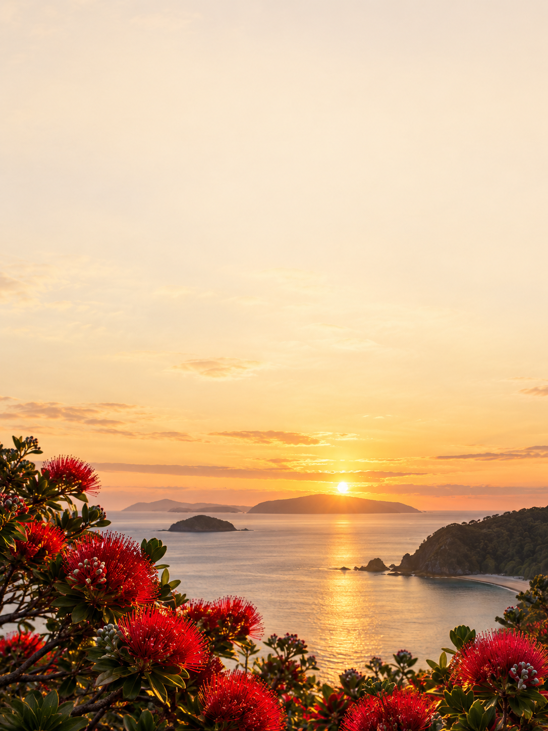 Pōhutukawa coastal sunset — available custom text background
