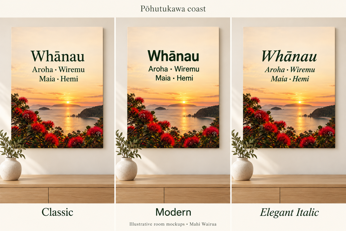 Pōhutukawa coast room mockups in Classic, Modern and Elegant Italic font styles