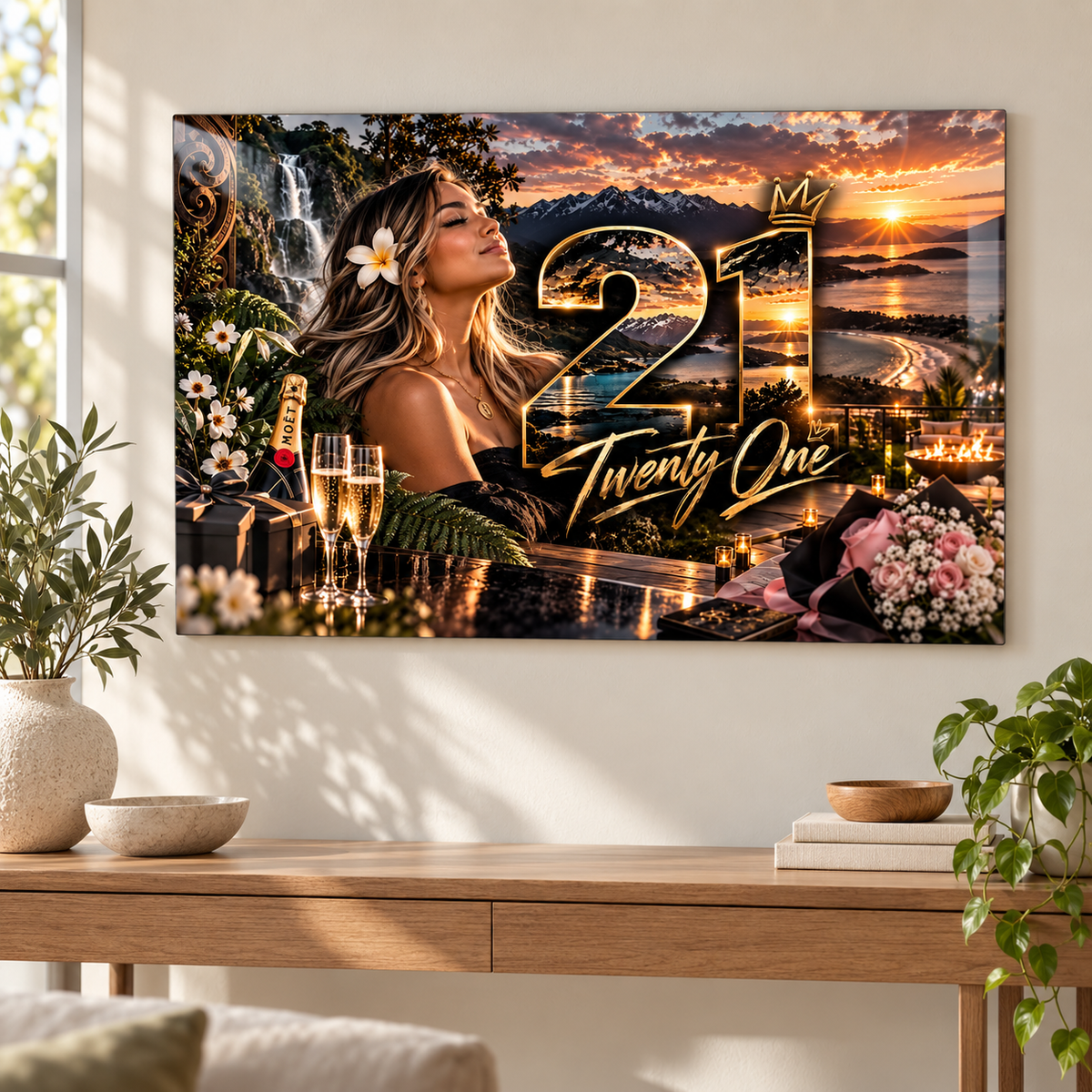 Gold portrait 21st birthday glossy metal print displayed above an oak console in a home