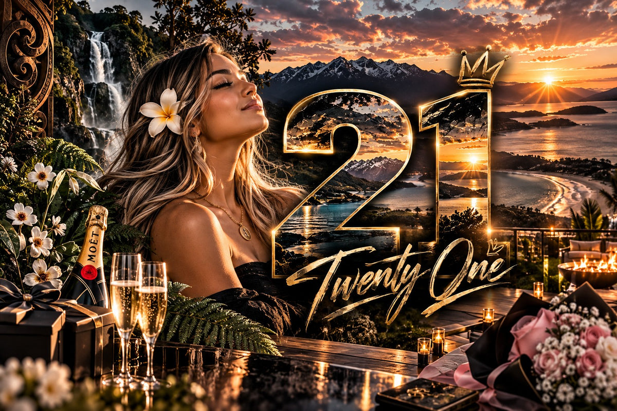 Gold 21st birthday artwork with portrait and sunset landscape