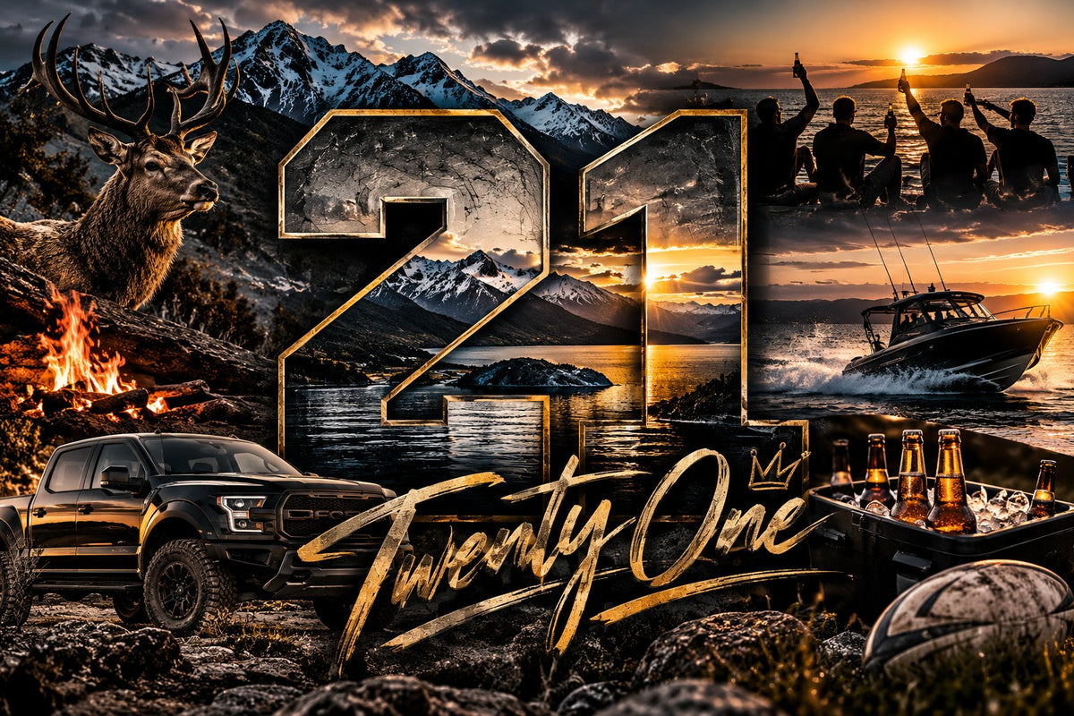21st birthday artwork with mountains, stag, truck, fishing and rugby
