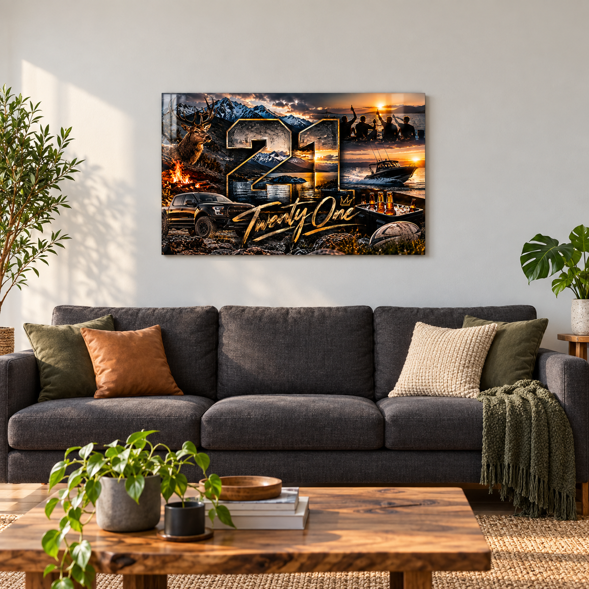 Outdoor themed 21st birthday glossy metal print displayed above a sofa in a home