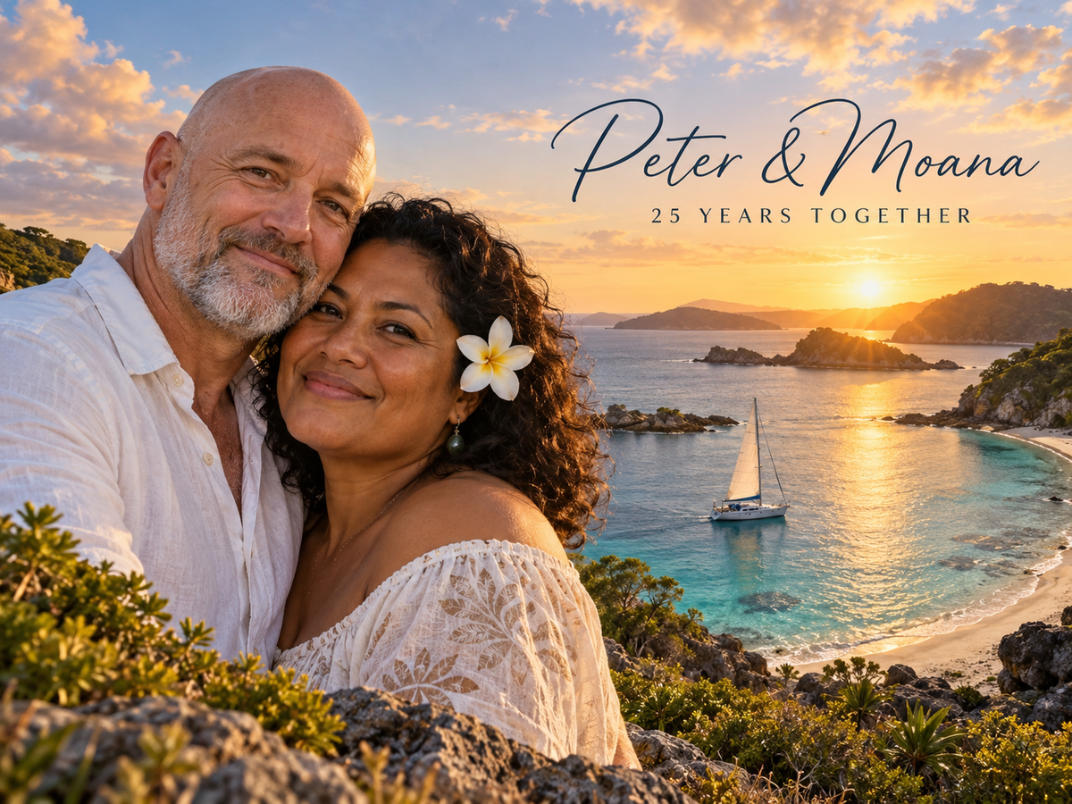 Personalised anniversary metal print sample artwork – fictional sample design by Mahi Wairua