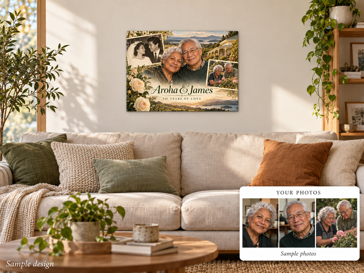 Premium Custom anniversary metal print home mockup with sample photo comparison – fictional sample design by Mahi Wairua