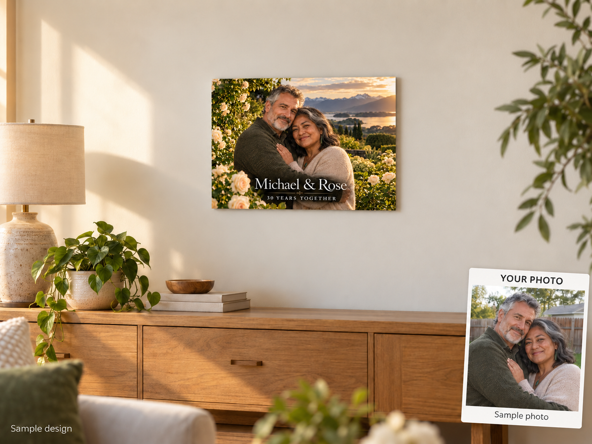 Standard anniversary metal print home mockup with sample photo comparison – fictional sample design by Mahi Wairua