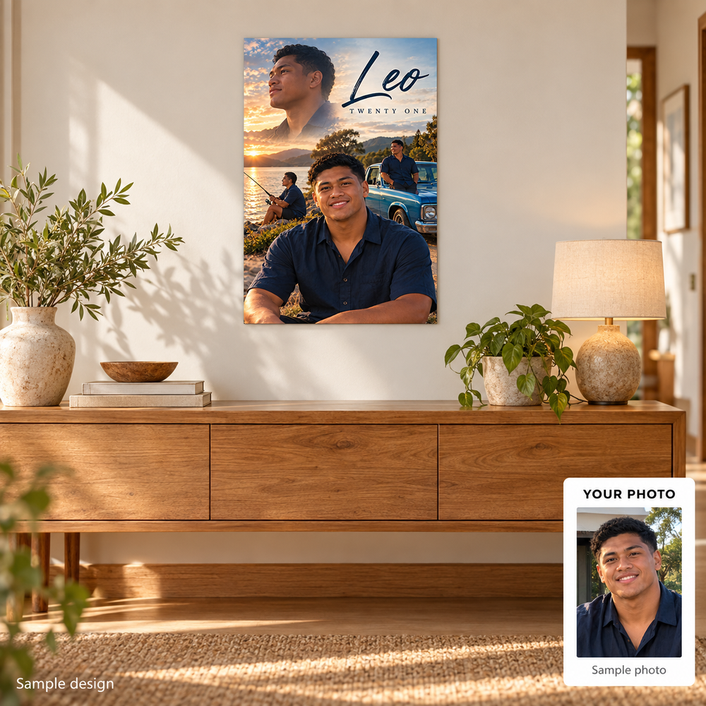 Personalised birthday metal print home mockup with sample photo comparison – fictional sample design by Mahi Wairua